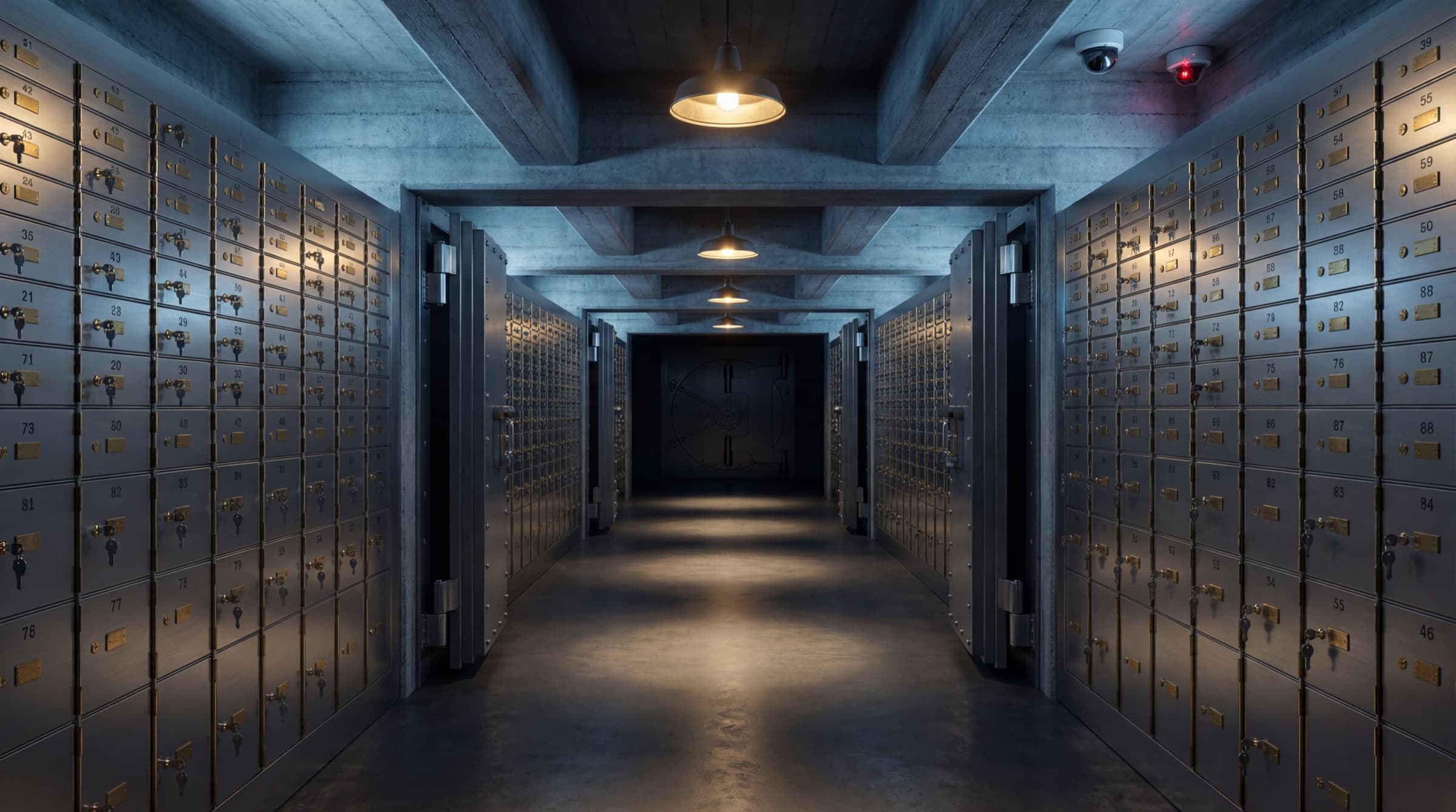 Underground vault corridor lined with numbered safe deposit boxes and security cameras