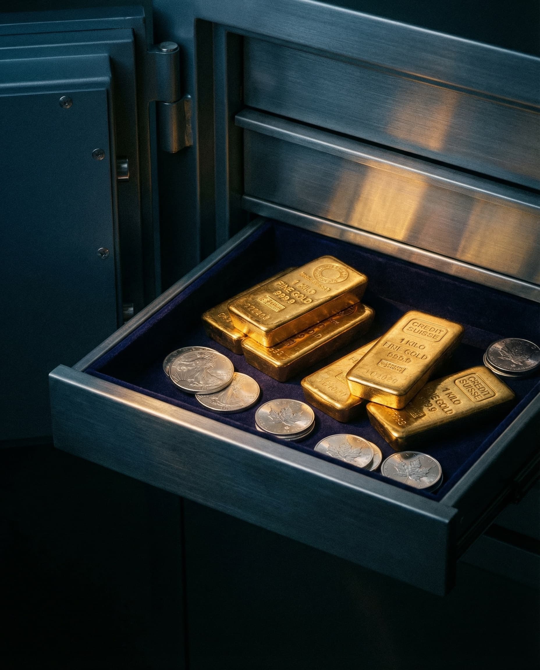 Gold bars and silver bullion in secure vault storage